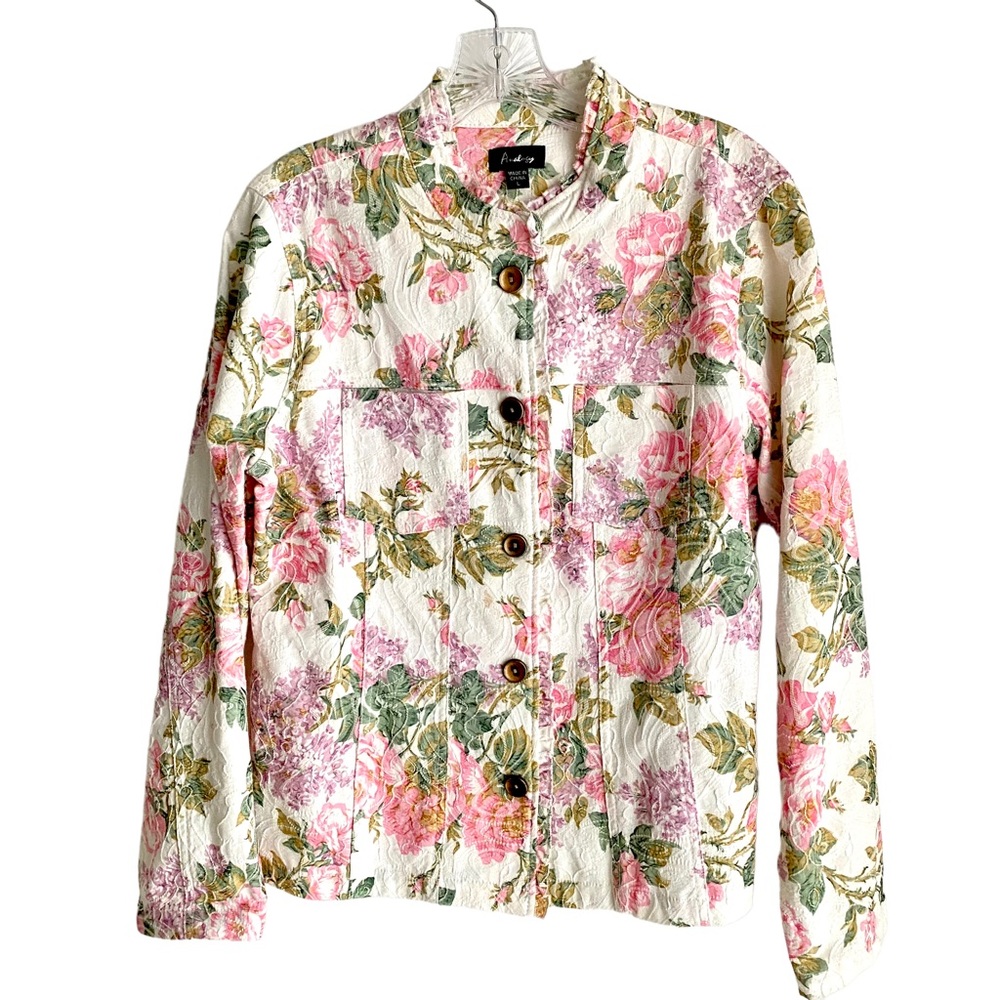 Analogy Pink Cottage Core Floral Print Farm House Jacket with Ruffled Collar